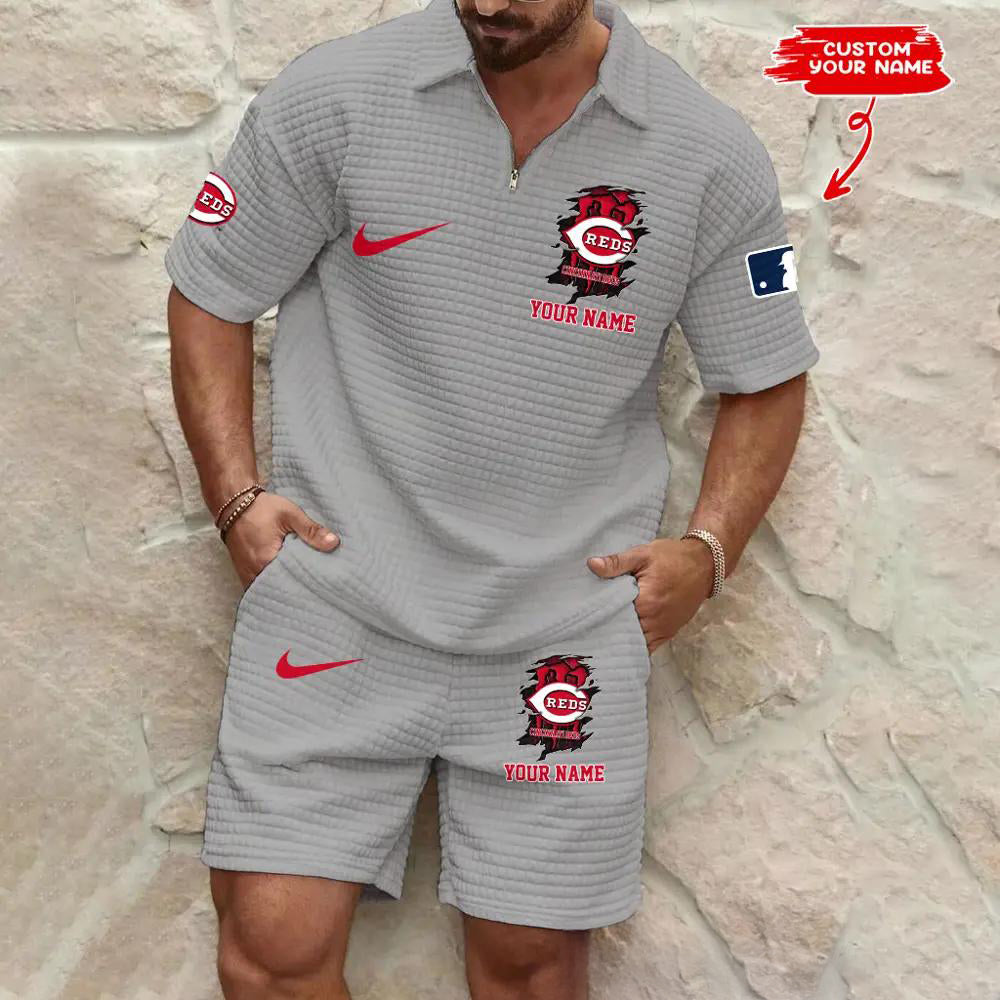 Cincinnati Reds Men’s Waffle Pattern Half Zipper Shirt And Shorts AZBT2DWSS000046