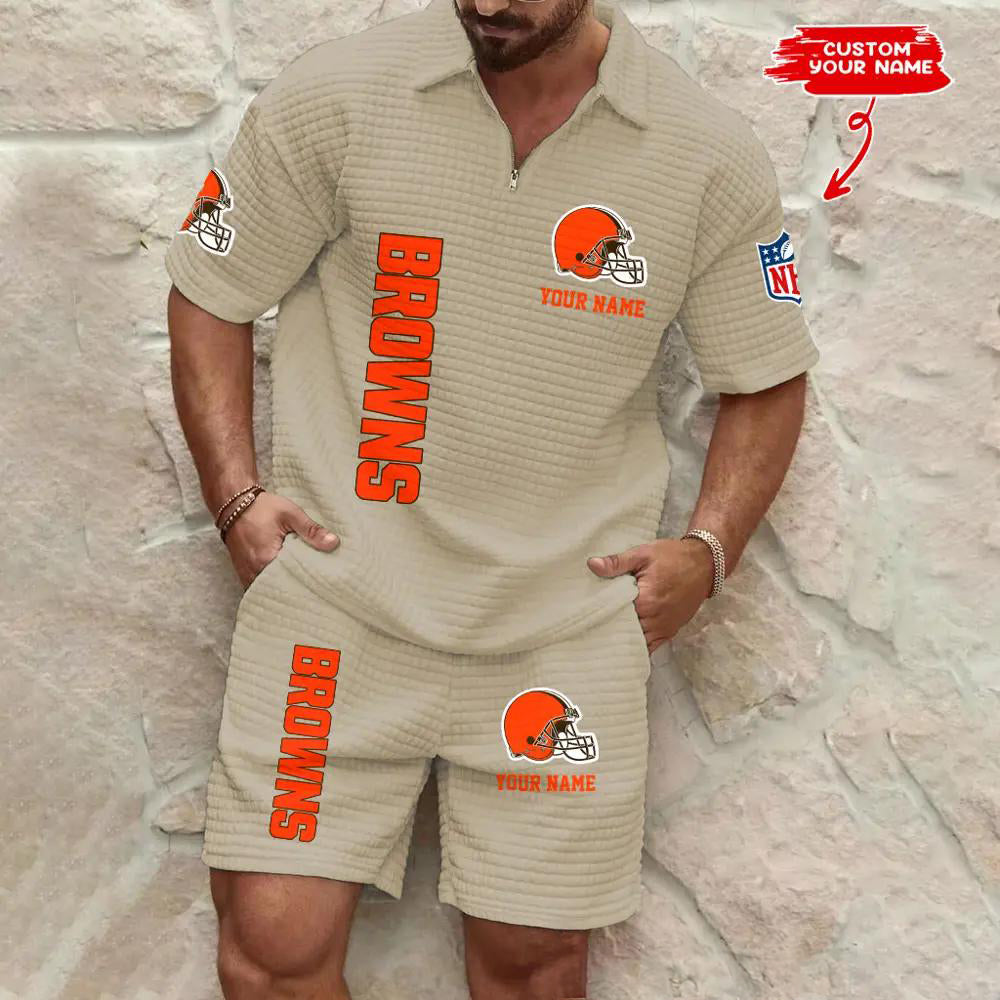 Cleveland Browns Men’s Waffle Pattern Half Zipper Shirt And Shorts AZBT2DWSS000048