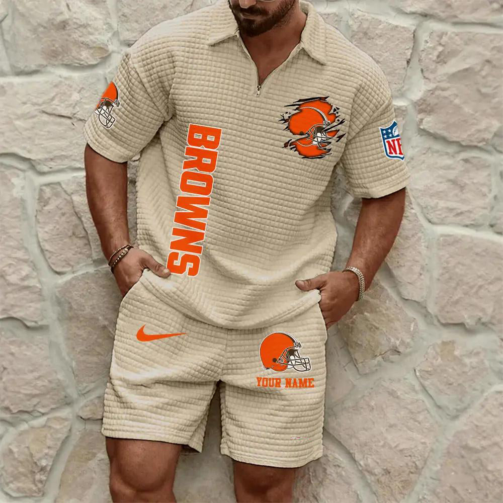 Cleveland Browns Men’s Waffle Pattern Half Zipper Shirt And Shorts AZBT2DWSS000050