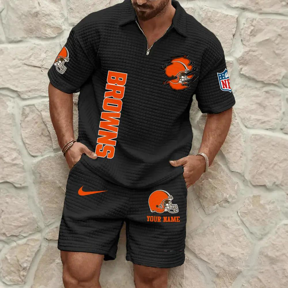 Cleveland Browns Men’s Waffle Pattern Half Zipper Shirt And Shorts AZBT2DWSS000050