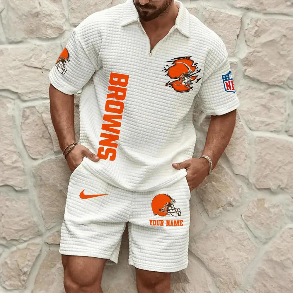 Cleveland Browns Men’s Waffle Pattern Half Zipper Shirt And Shorts AZBT2DWSS000050