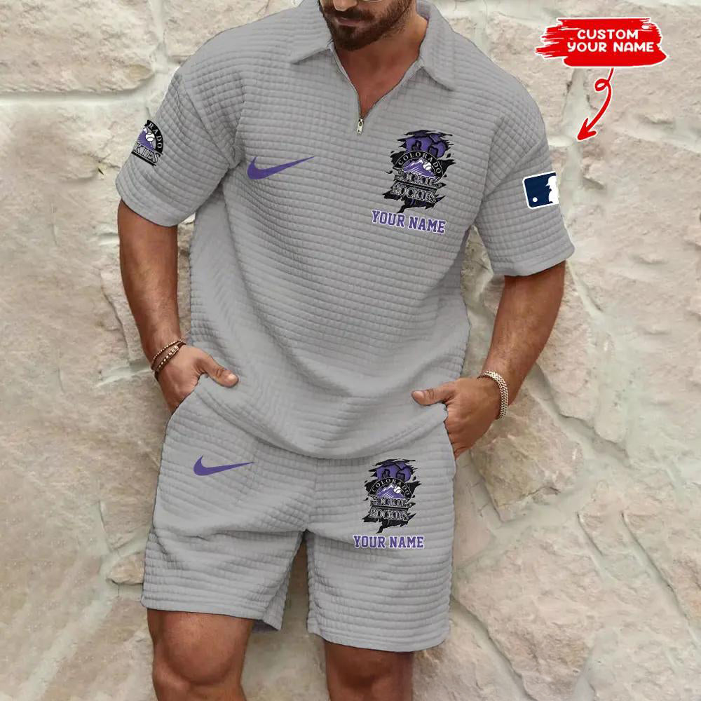 Colorado Rockies Men’s Waffle Pattern Half Zipper Shirt And Shorts AZBT2DWSS000054