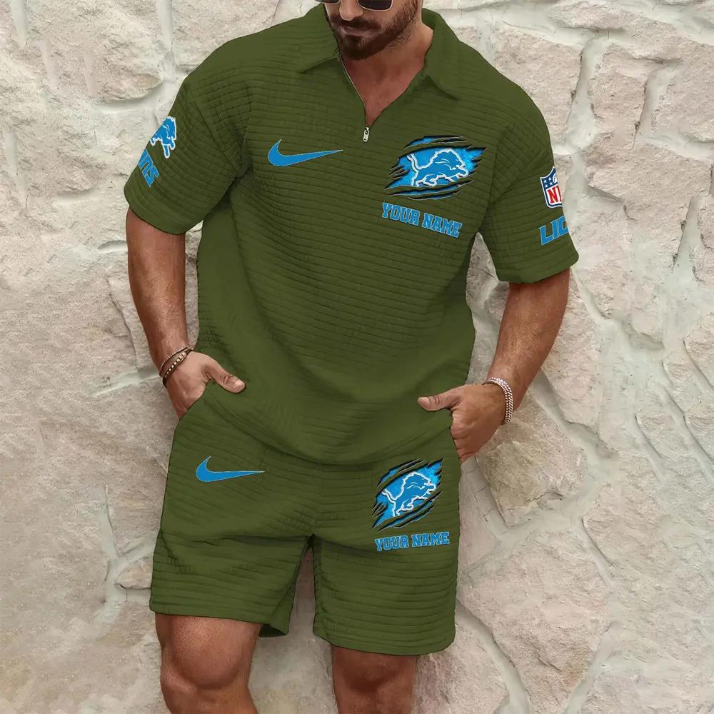Detroit Lions Men’s Waffle Pattern Half Zipper Shirt And Shorts AZBT2DWSS000067