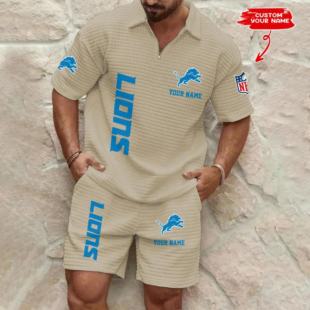 Detroit Lions Men’s Waffle Pattern Half Zipper Shirt And Shorts AZBT2DWSS000068