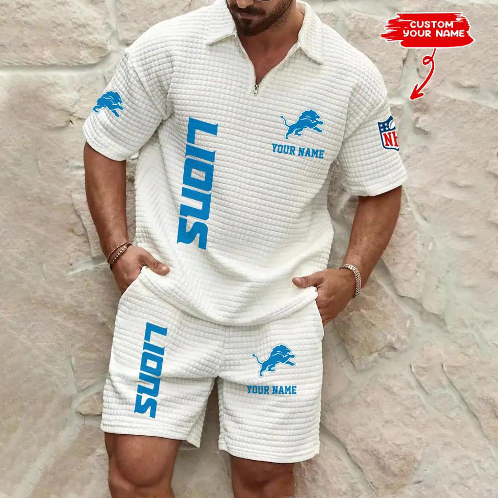 Detroit Lions Men’s Waffle Pattern Half Zipper Shirt And Shorts AZBT2DWSS000068