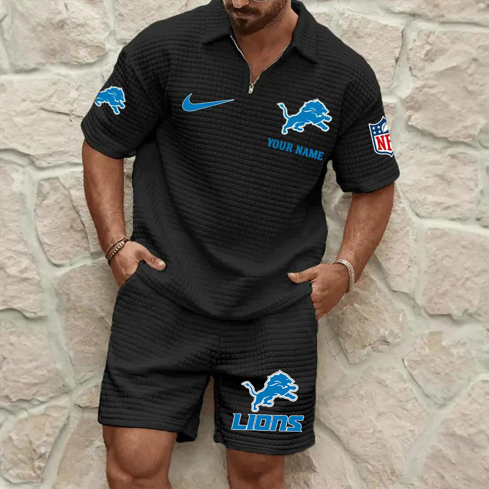 Detroit Lions Men’s Waffle Pattern Half Zipper Shirt And Shorts AZBT2DWSS000069