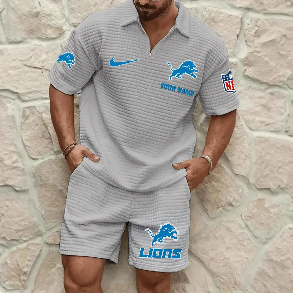 Detroit Lions Men’s Waffle Pattern Half Zipper Shirt And Shorts AZBT2DWSS000069