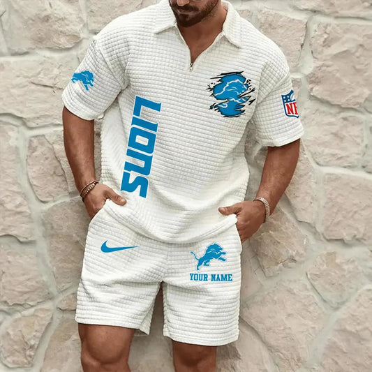 Detroit Lions Men’s Waffle Pattern Half Zipper Shirt And Shorts AZBT2DWSS000070