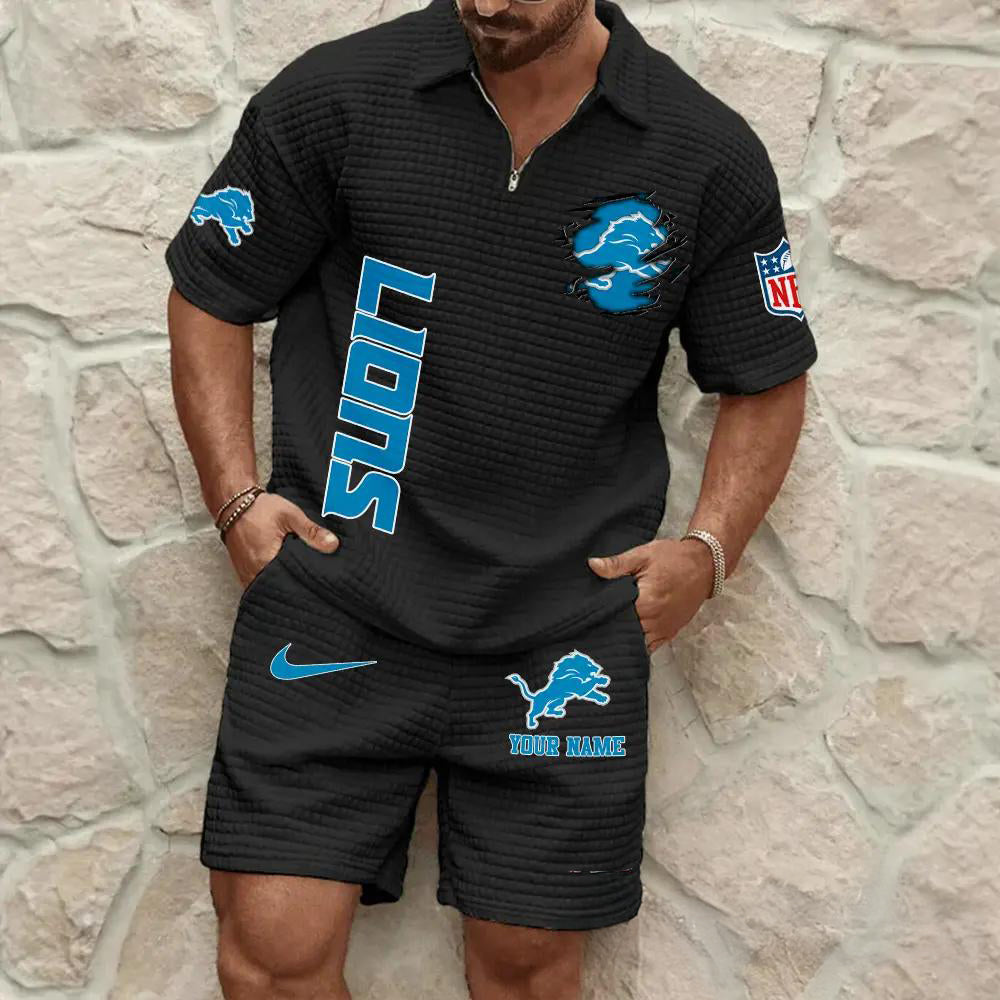 Detroit Lions Men’s Waffle Pattern Half Zipper Shirt And Shorts AZBT2DWSS000070