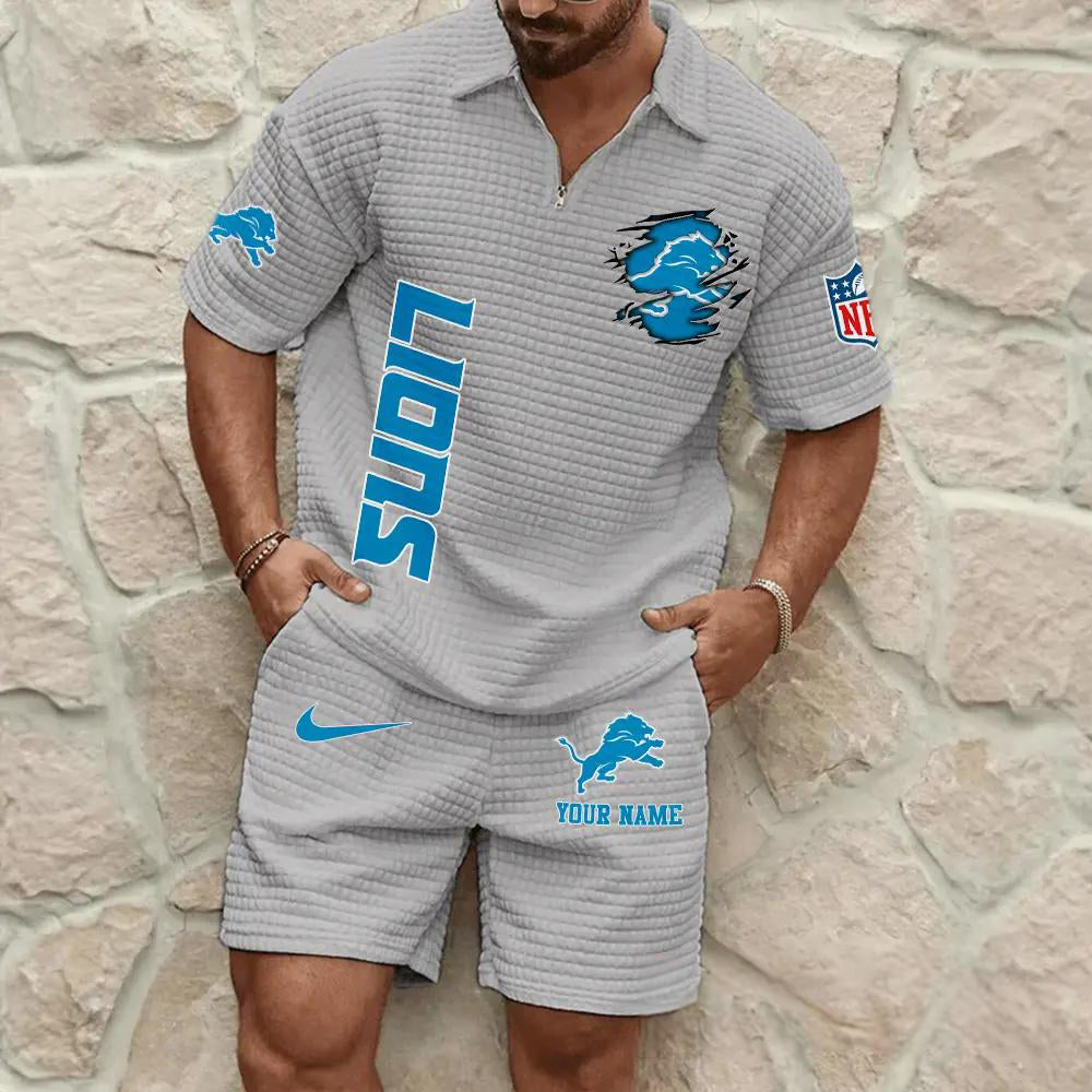 Detroit Lions Men’s Waffle Pattern Half Zipper Shirt And Shorts AZBT2DWSS000070
