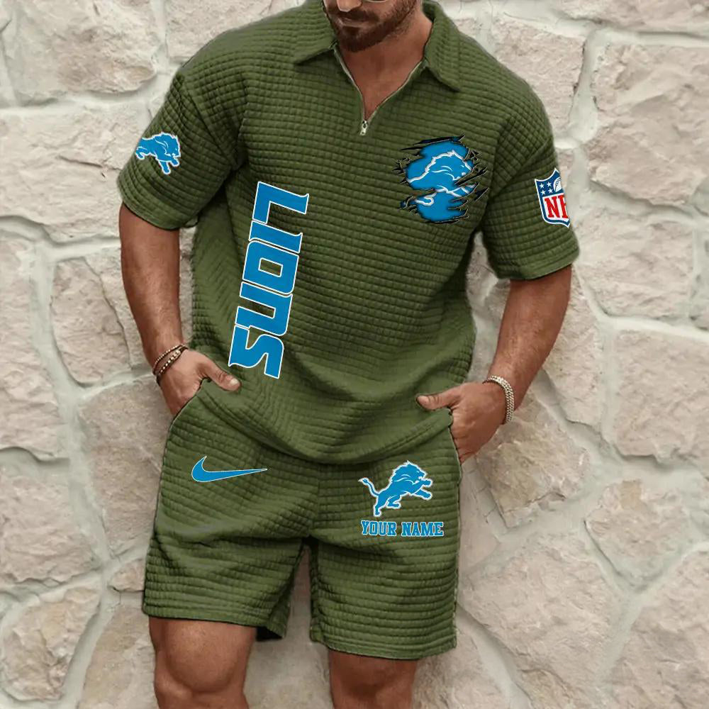 Detroit Lions Men’s Waffle Pattern Half Zipper Shirt And Shorts AZBT2DWSS000070