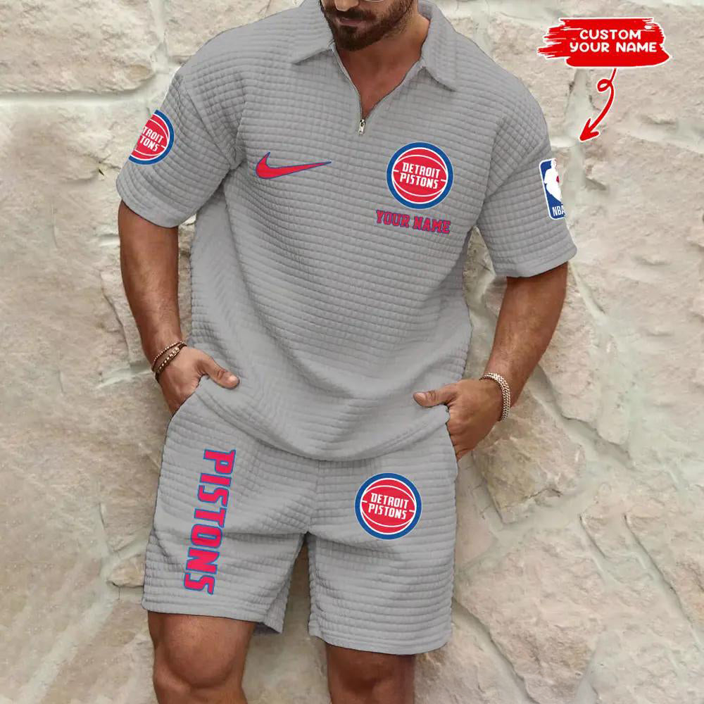 Detroit Pistons Men’s Waffle Pattern Half Zipper Shirt And Shorts AZBT2DWSS000071