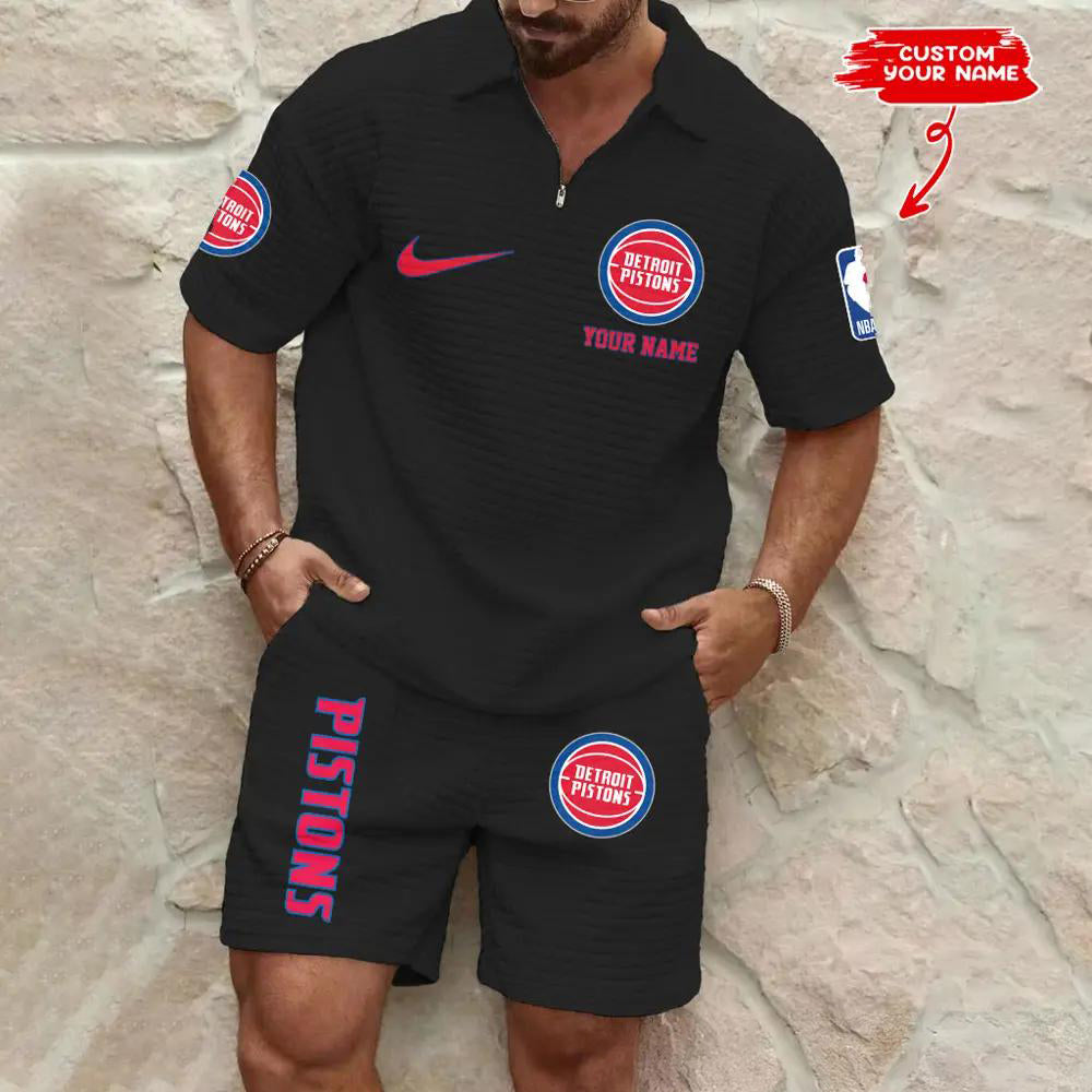 Detroit Pistons Men’s Waffle Pattern Half Zipper Shirt And Shorts AZBT2DWSS000071