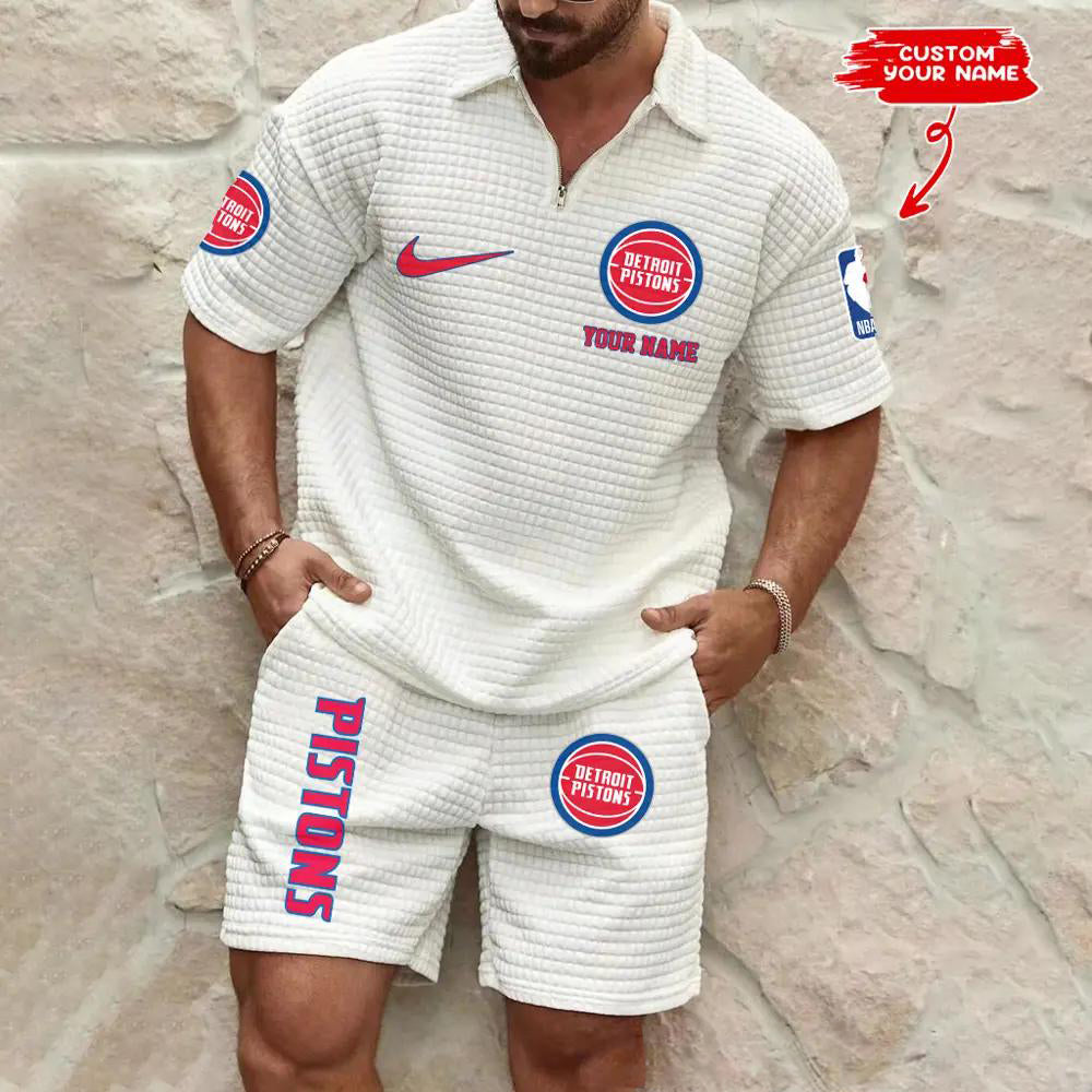 Detroit Pistons Men’s Waffle Pattern Half Zipper Shirt And Shorts AZBT2DWSS000071