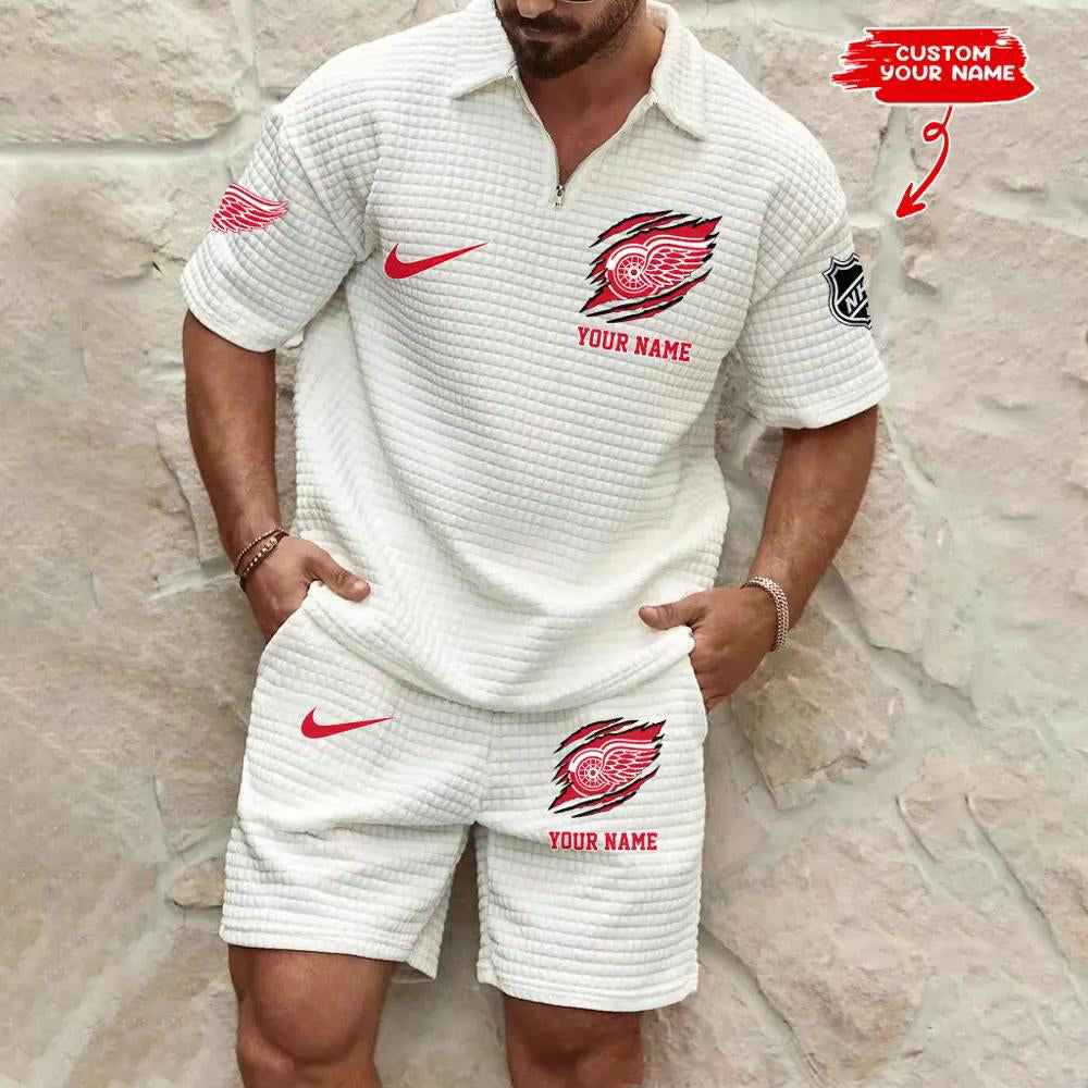 Detroit Red Wings Men’s Waffle Pattern Half Zipper Shirt And Shorts AZBT2DWSS000072