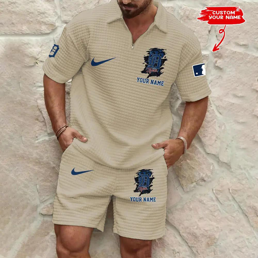 Detroit Tigers Men’s Waffle Pattern Half Zipper Shirt And Shorts AZBT2DWSS000073