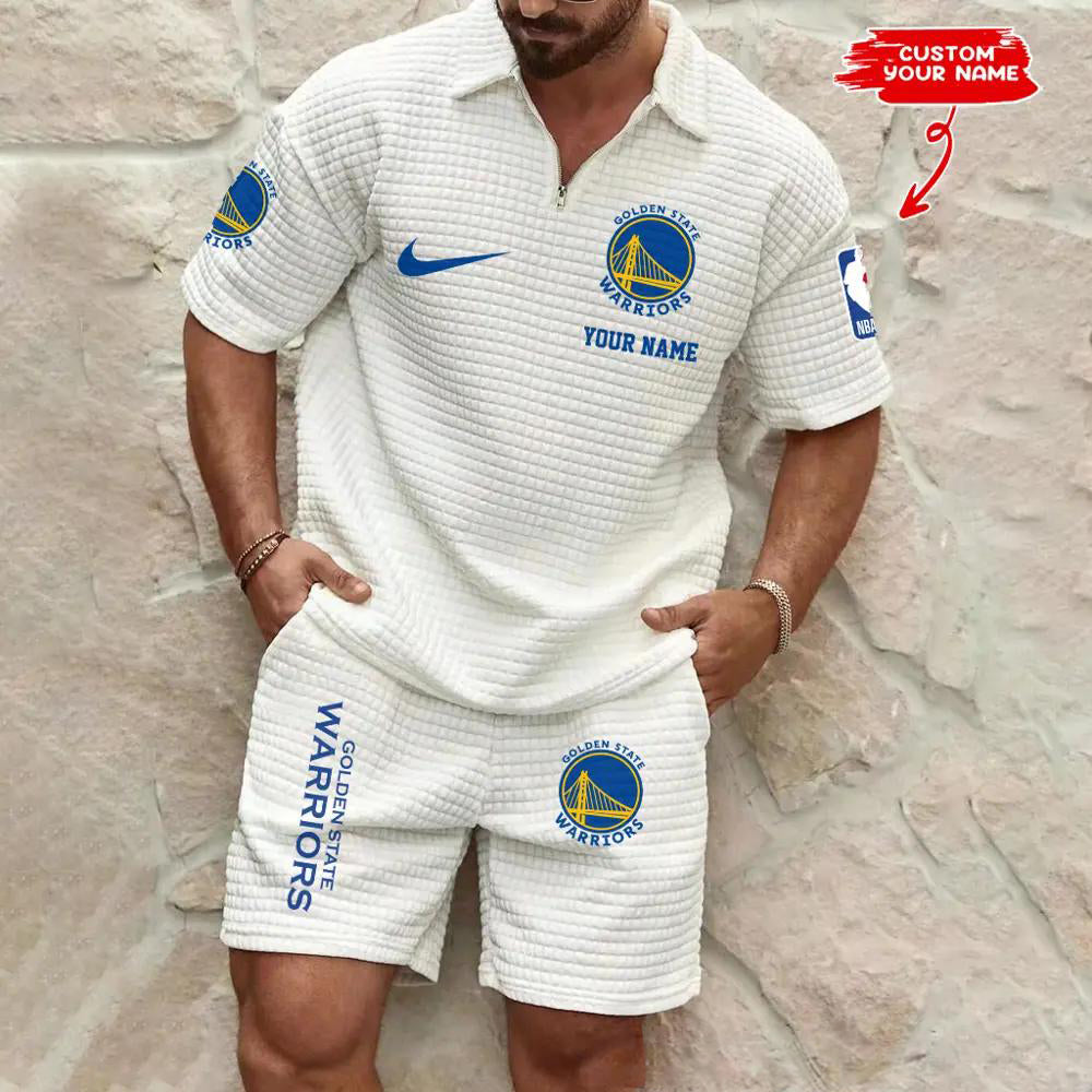 Golden State Warriors Men’s Waffle Pattern Half Zipper Shirt And Shorts AZBT2DWSS000076