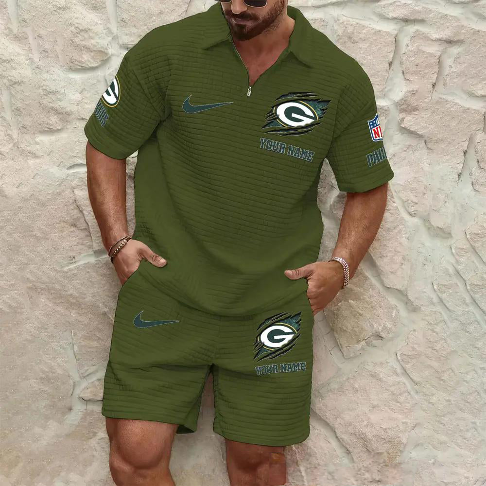 Green Bay Packers Men’s Waffle Pattern Half Zipper Shirt And Shorts AZBT2DWSS000077