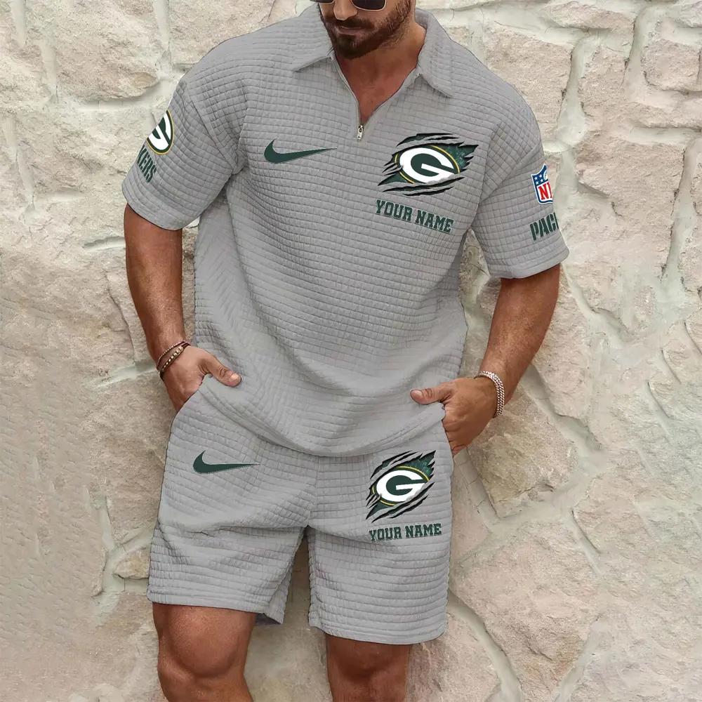Green Bay Packers Men’s Waffle Pattern Half Zipper Shirt And Shorts AZBT2DWSS000077