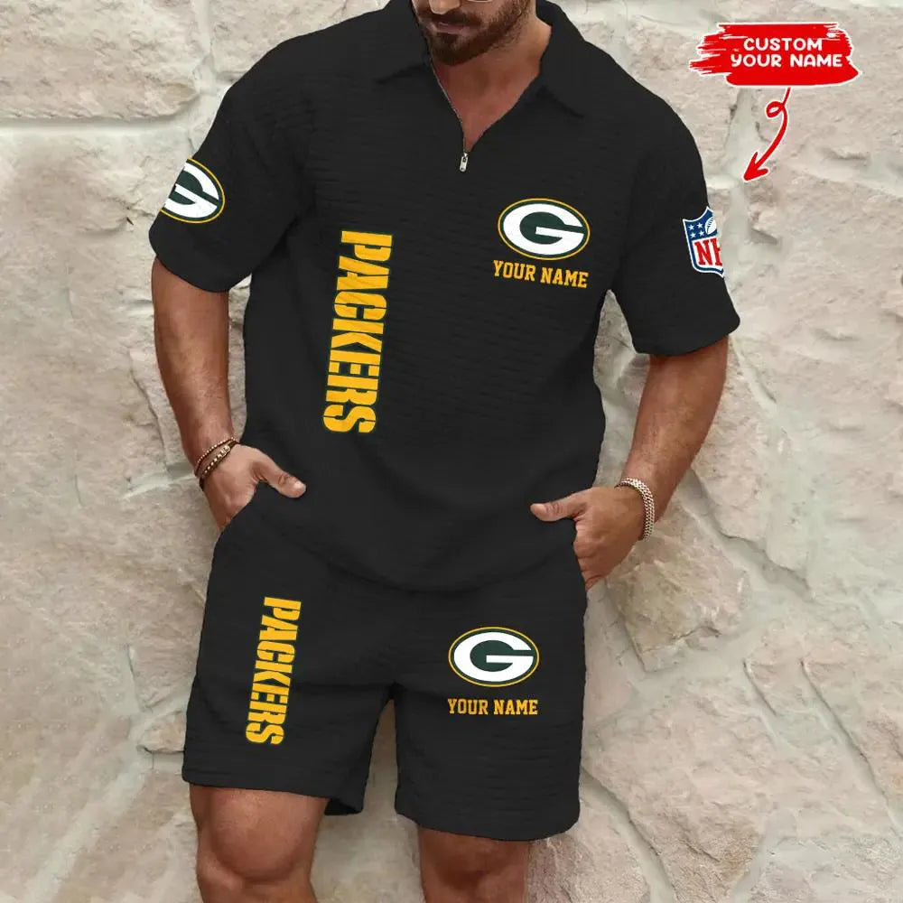 Green Bay Packers Men’s Waffle Pattern Half Zipper Shirt And Shorts AZBT2DWSS000078