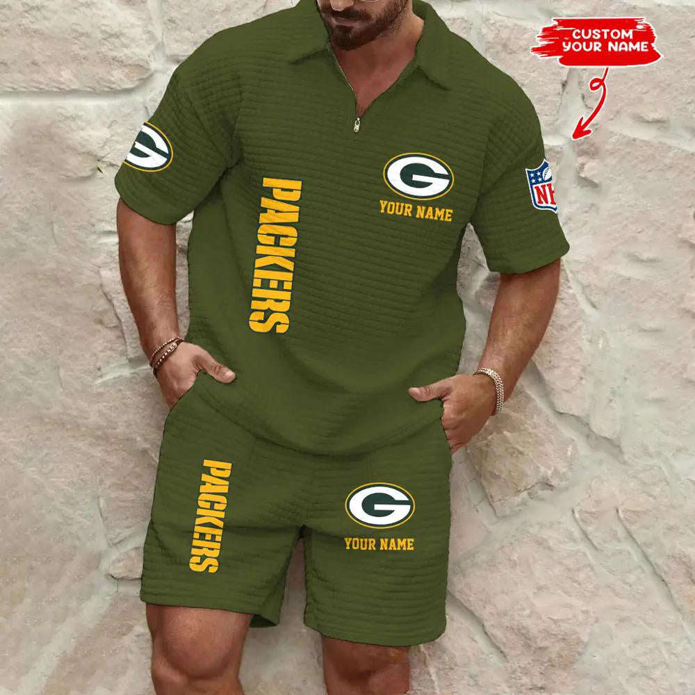 Green Bay Packers Men’s Waffle Pattern Half Zipper Shirt And Shorts AZBT2DWSS000078