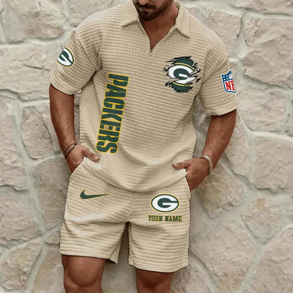 Green Bay Packers Men’s Waffle Pattern Half Zipper Shirt And Shorts AZBT2DWSS000080