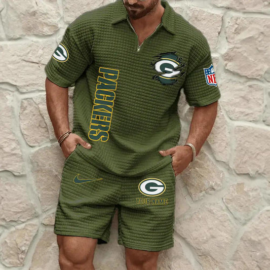 Green Bay Packers Men’s Waffle Pattern Half Zipper Shirt And Shorts AZBT2DWSS000080