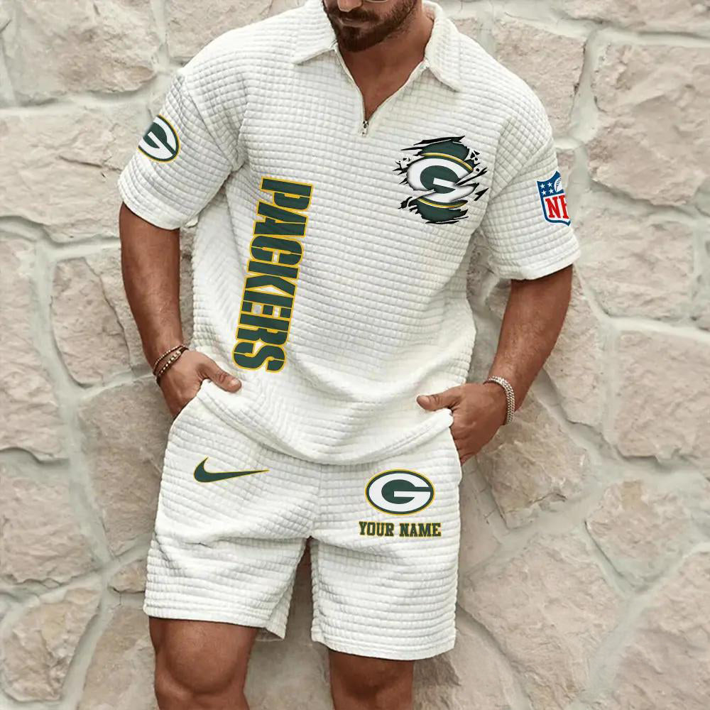 Green Bay Packers Men’s Waffle Pattern Half Zipper Shirt And Shorts AZBT2DWSS000080