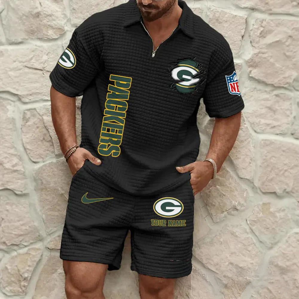 Green Bay Packers Men’s Waffle Pattern Half Zipper Shirt And Shorts AZBT2DWSS000080