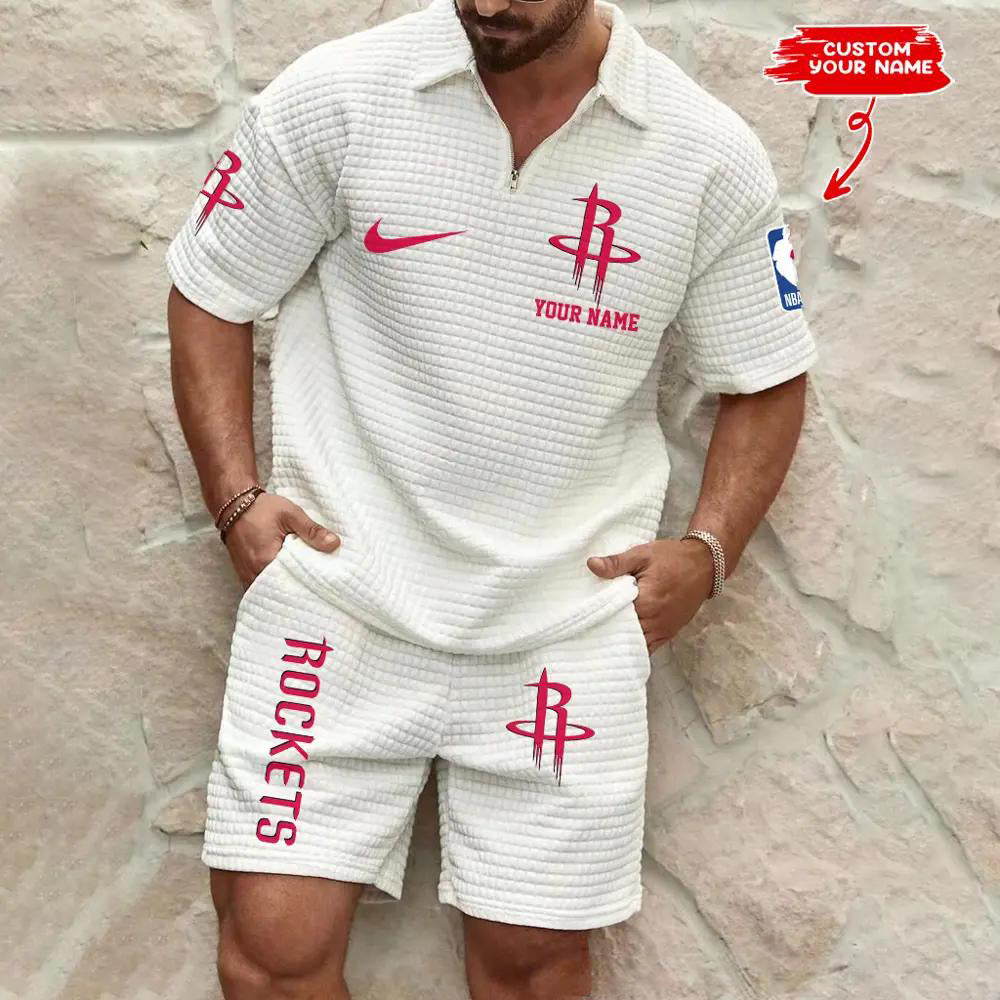 Houston Rockets Men’s Waffle Pattern Half Zipper Shirt And Shorts AZBT2DWSS000081