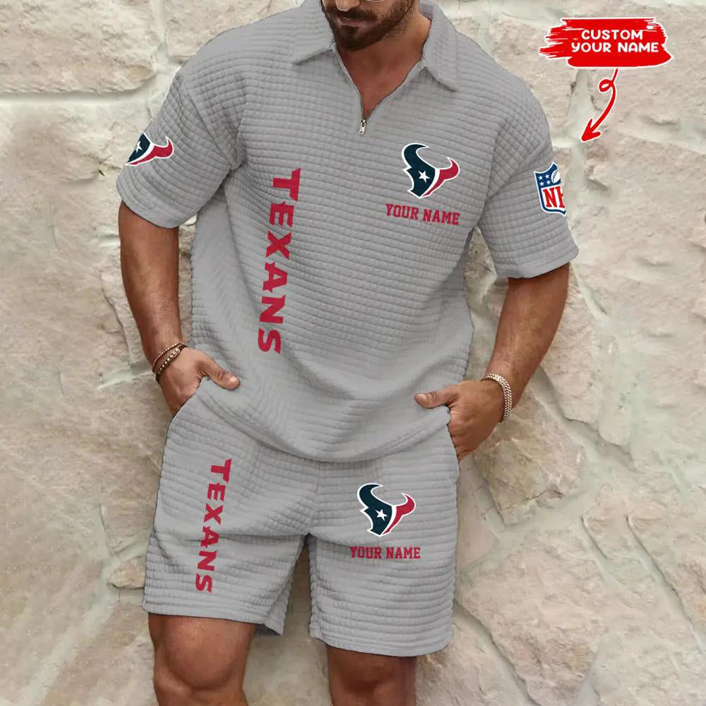 Houston Texans Men’s Waffle Pattern Half Zipper Shirt And Shorts AZBT2DWSS000083