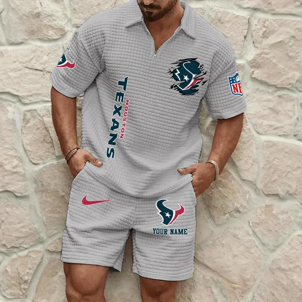 Houston Texans Men’s Waffle Pattern Half Zipper Shirt And Shorts AZBT2DWSS000085