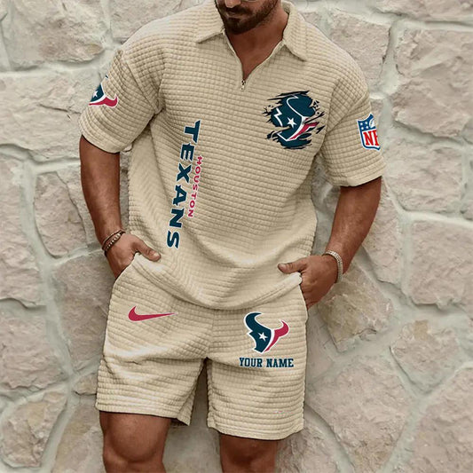Houston Texans Men’s Waffle Pattern Half Zipper Shirt And Shorts AZBT2DWSS000085