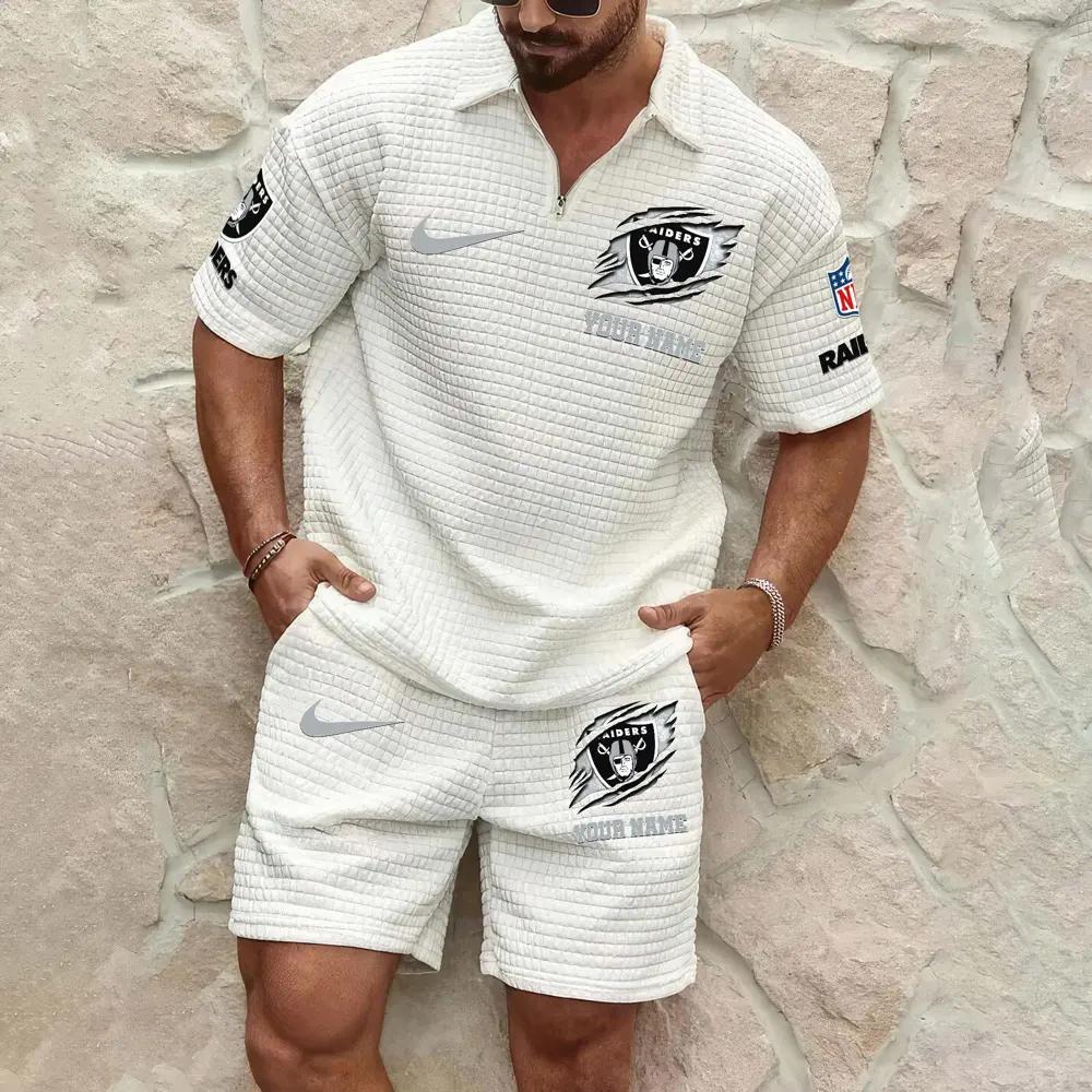 Las Vegas Raiders Men’s Waffle Pattern Half Zipper Shirt And Shorts AZBT2DWSS000101