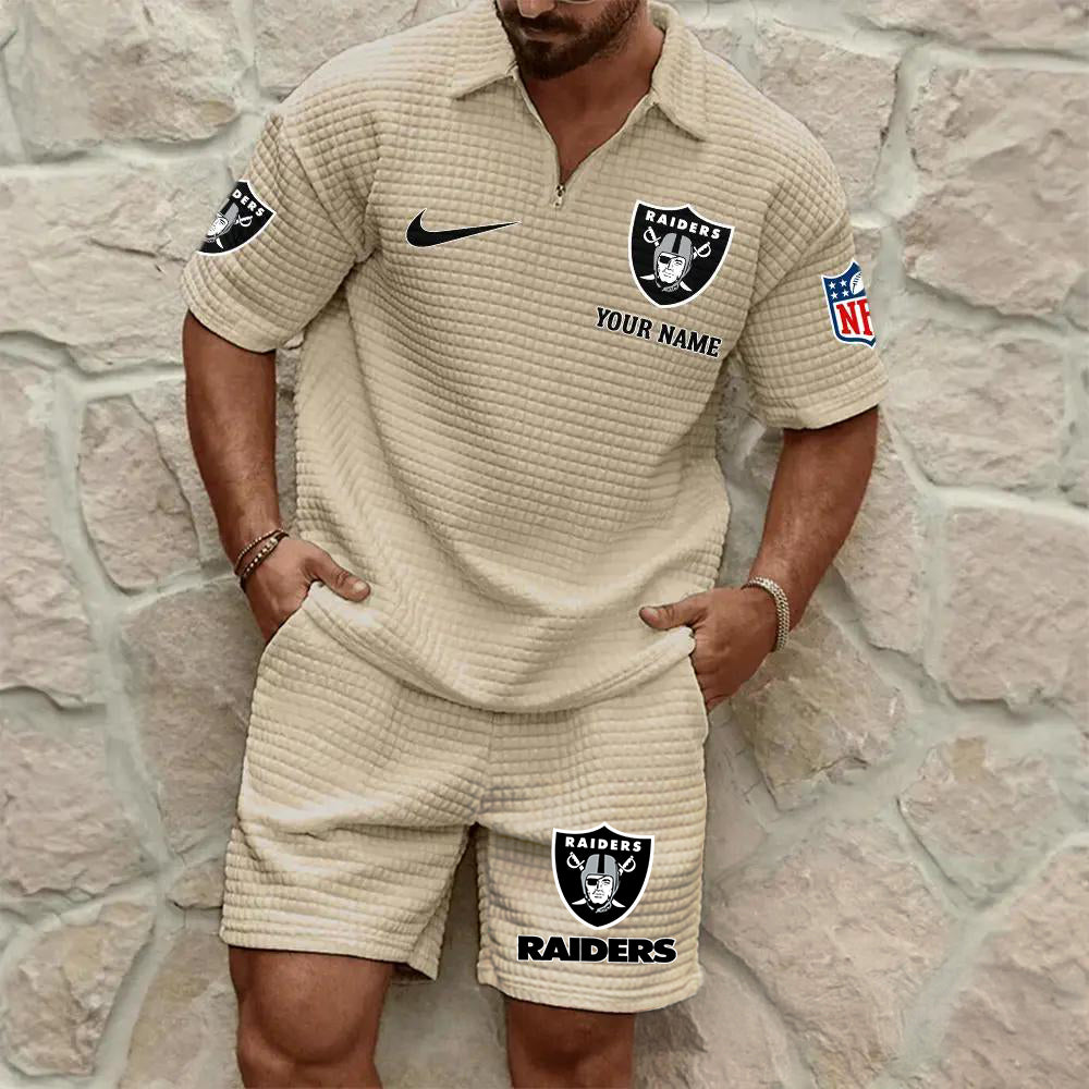 Las Vegas Raiders Men’s Waffle Pattern Half Zipper Shirt And Shorts AZBT2DWSS000103