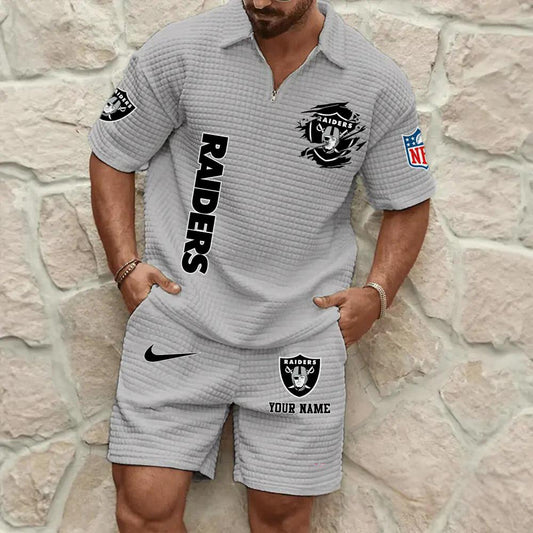 Las Vegas Raiders Men’s Waffle Pattern Half Zipper Shirt And Shorts AZBT2DWSS000104