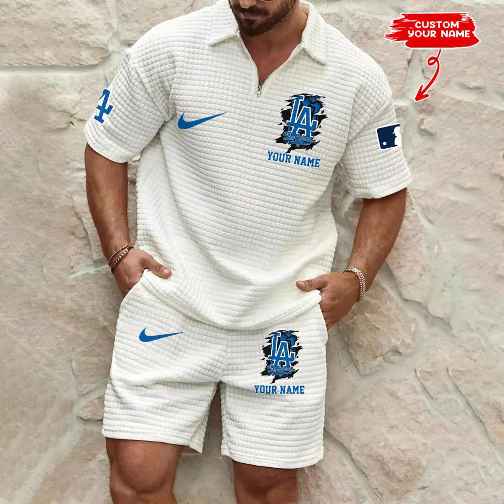 Los Angeles Dodgers Men’s Waffle Pattern Half Zipper Shirt And Shorts AZBT2DWSS000110