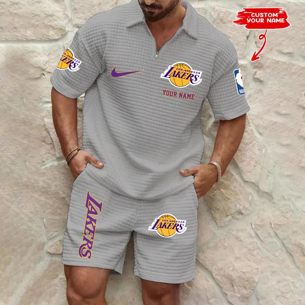 Los Angeles Lakers Men’s Waffle Pattern Half Zipper Shirt And Shorts AZBT2DWSS000112