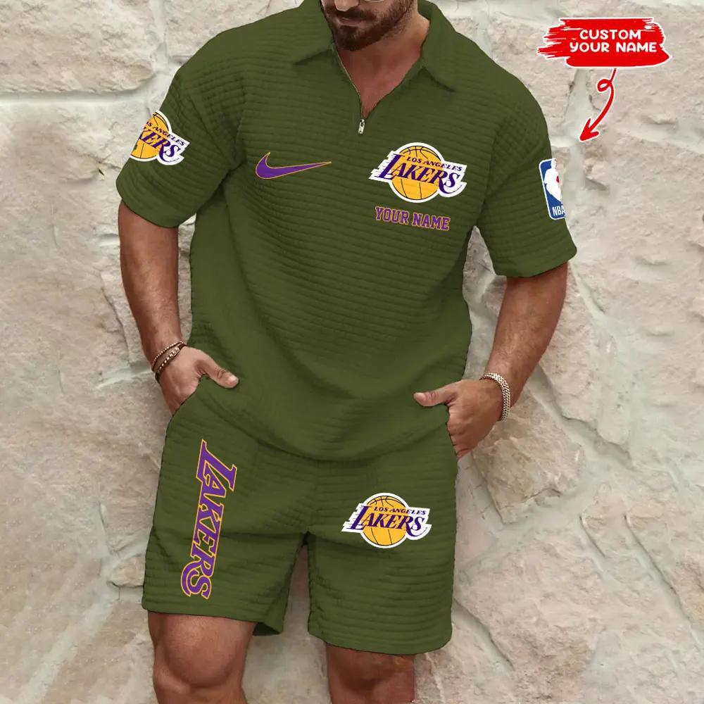 Los Angeles Lakers Men’s Waffle Pattern Half Zipper Shirt And Shorts AZBT2DWSS000112