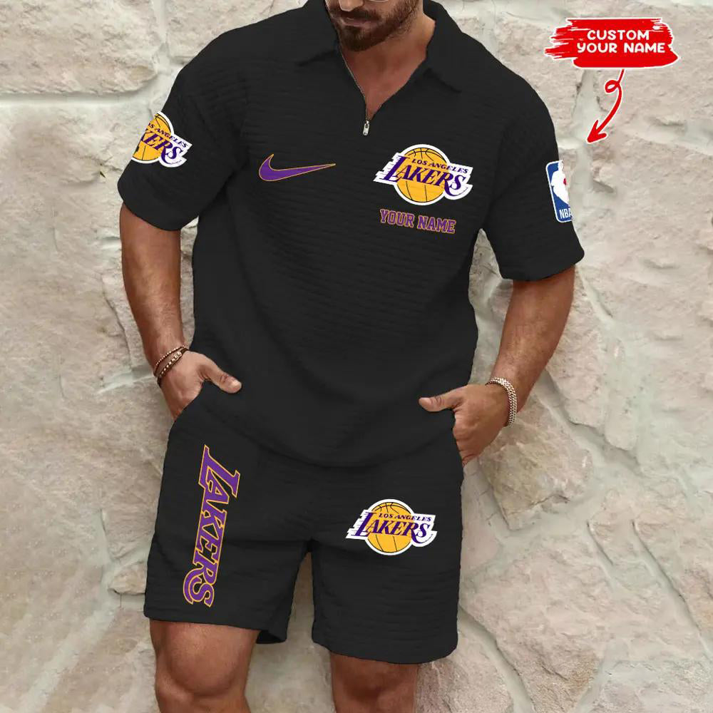 Los Angeles Lakers Men’s Waffle Pattern Half Zipper Shirt And Shorts AZBT2DWSS000112