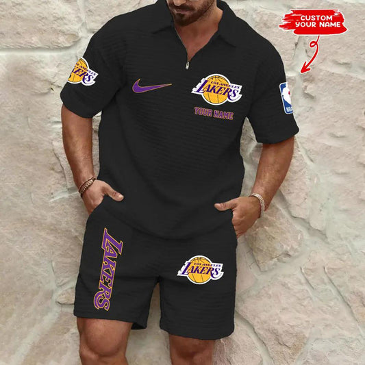 Los Angeles Lakers Men’s Waffle Pattern Half Zipper Shirt And Shorts AZBT2DWSS000112