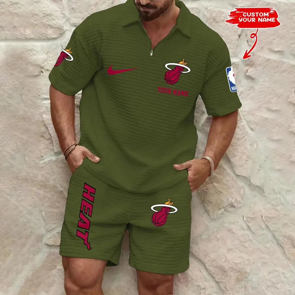 Miami Heat Men’s Waffle Pattern Half Zipper Shirt And Shorts AZBT2DWSS000122