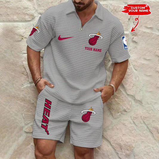 Miami Heat Men’s Waffle Pattern Half Zipper Shirt And Shorts AZBT2DWSS000122