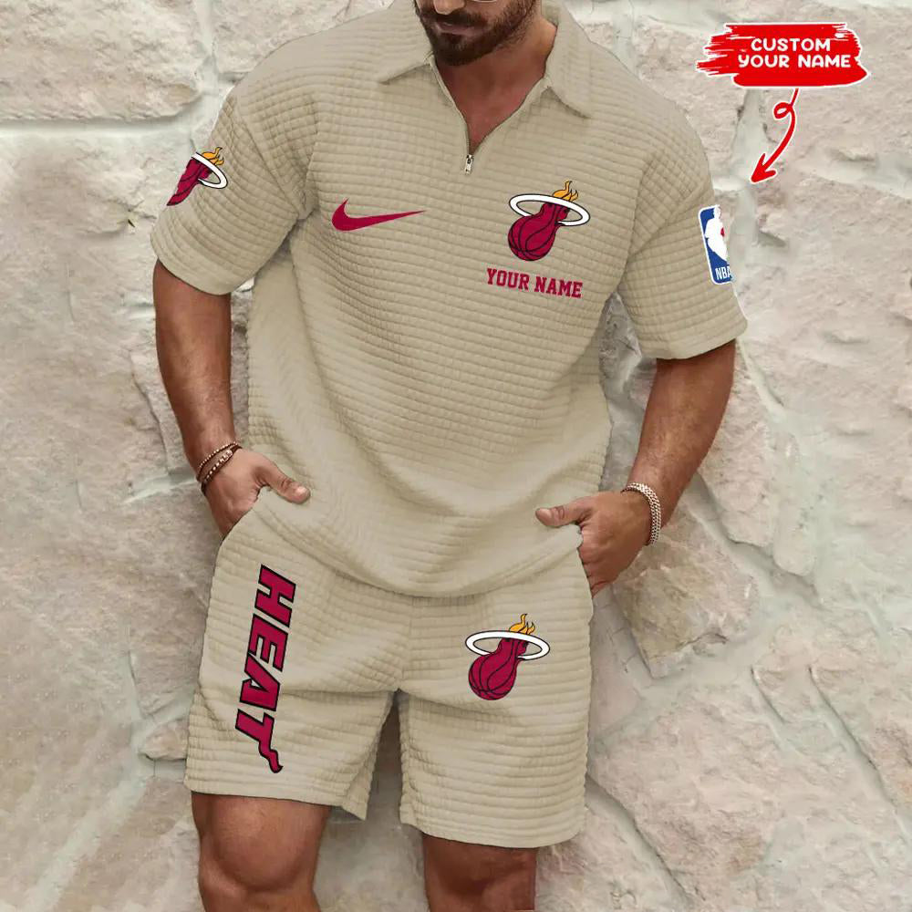Miami Heat Men’s Waffle Pattern Half Zipper Shirt And Shorts AZBT2DWSS000122