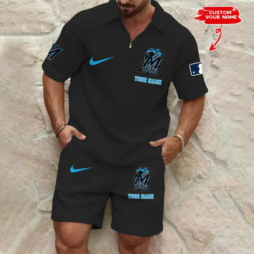 Miami Marlins Men’s Waffle Pattern Half Zipper Shirt And Shorts AZBT2DWSS000123