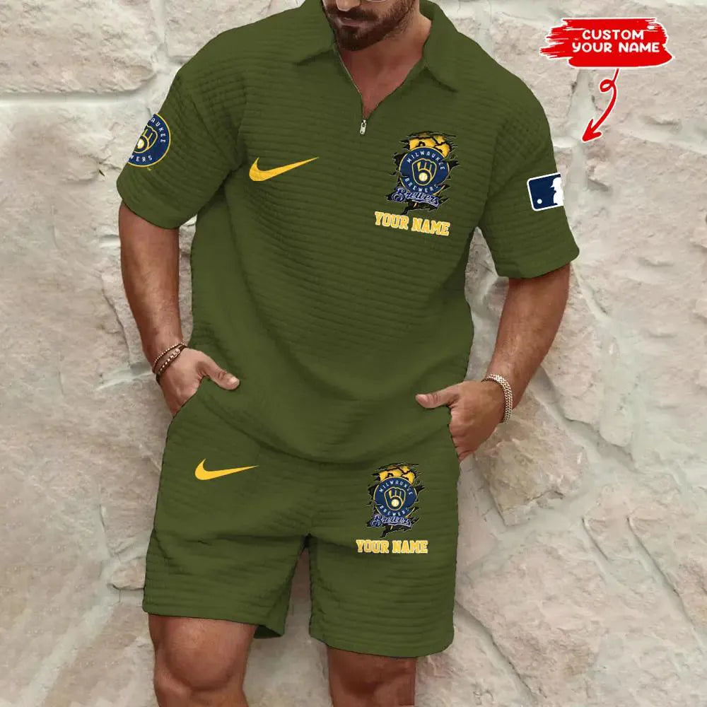 Milwaukee Brewers Men’s Waffle Pattern Half Zipper Shirt And Shorts AZBT2DWSS000124