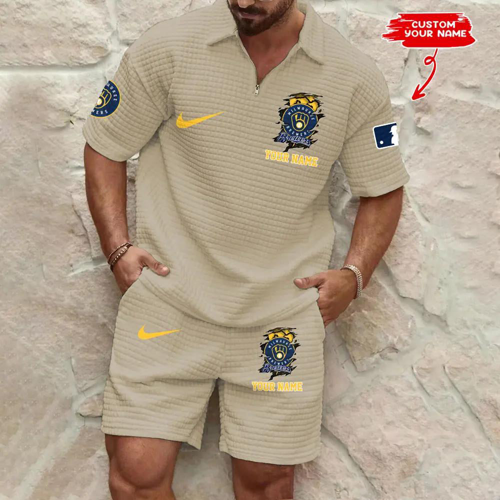 Milwaukee Brewers Men’s Waffle Pattern Half Zipper Shirt And Shorts AZBT2DWSS000124