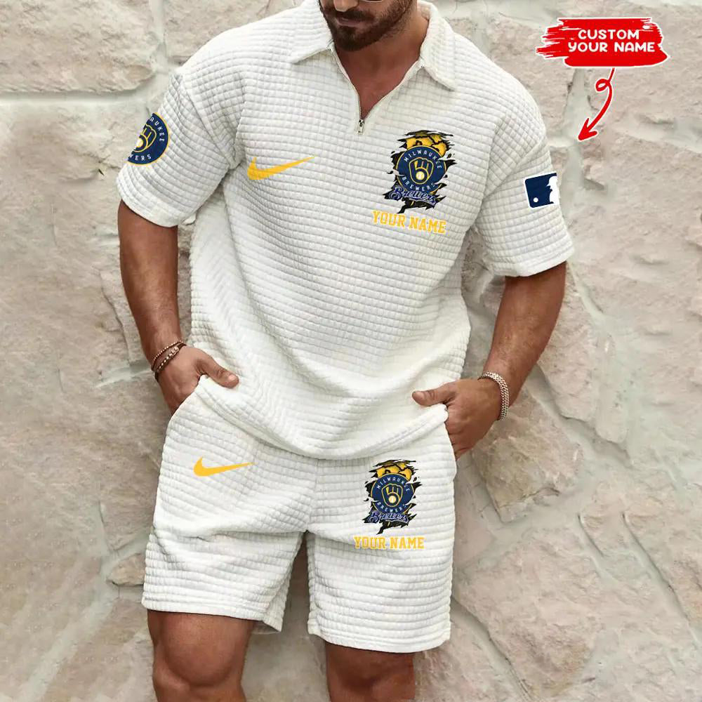 Milwaukee Brewers Men’s Waffle Pattern Half Zipper Shirt And Shorts AZBT2DWSS000124