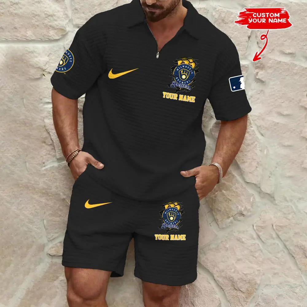 Milwaukee Brewers Men’s Waffle Pattern Half Zipper Shirt And Shorts AZBT2DWSS000124
