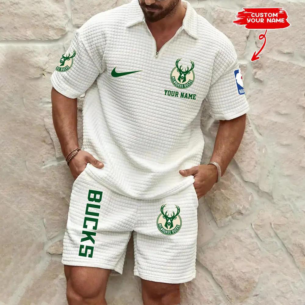 Milwaukee Bucks Men’s Waffle Pattern Half Zipper Shirt And Shorts AZBT2DWSS000125
